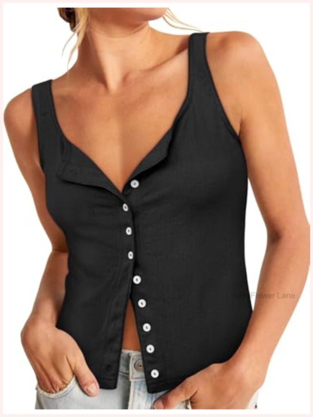 Fitted Ribbed Knit Cami Tank Top Button Down Square Neck Summer